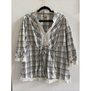 VTG Faded Glory Womens Blue & White Plaid Lace Trim ButtonUp Top Front Tie Sz 2X